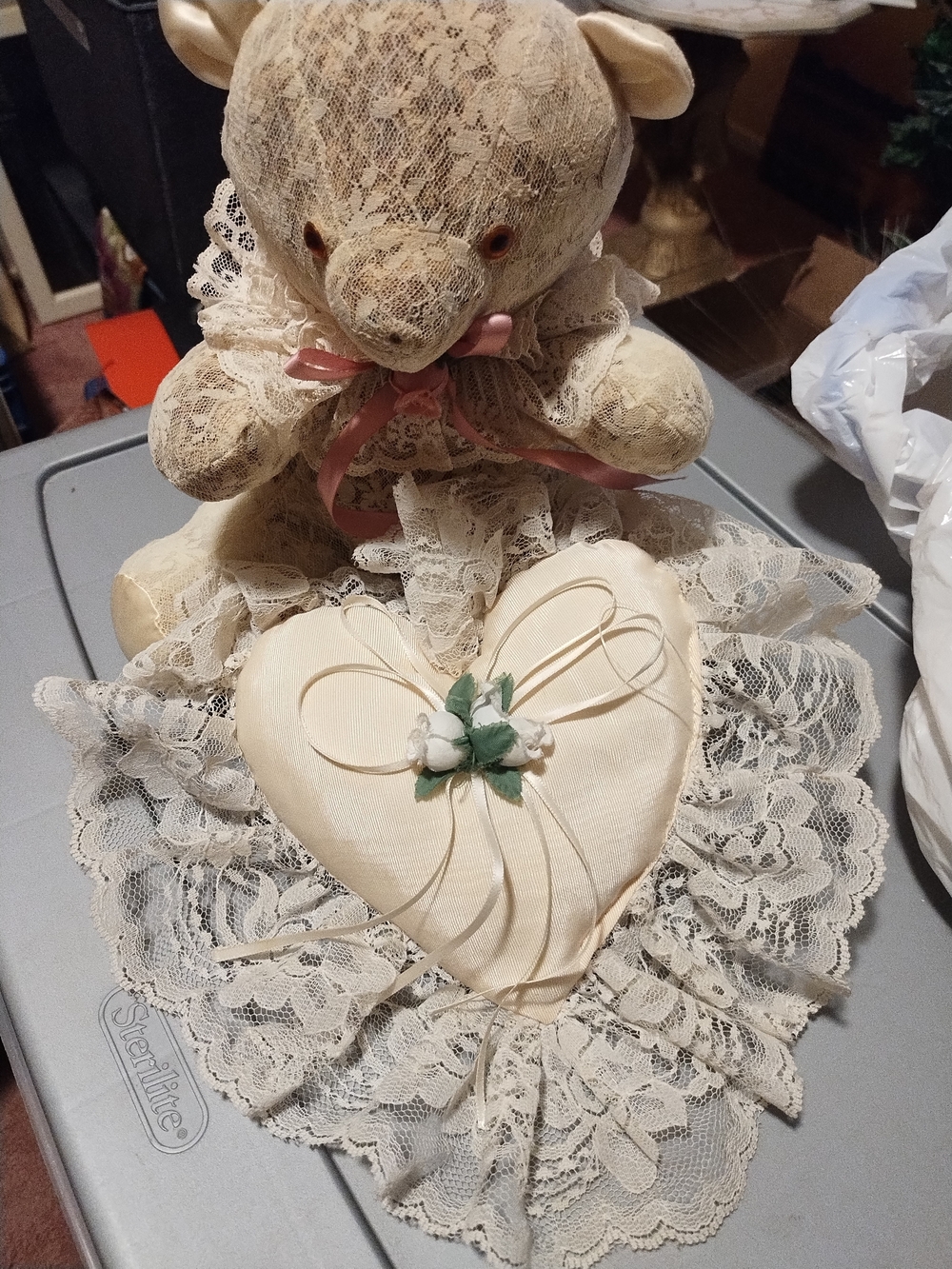 Ivory Lace Heart Pillow with Lace Teddy Potpourri Accent